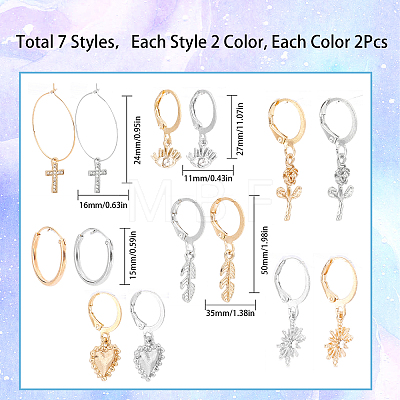 2 Sets 2 Colors Eye & Feather & Cross & Flower Alloy Dangle Hoop Earrings for Women EJEW-SC0001-31-1