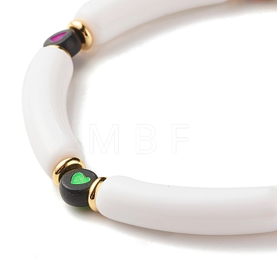 Acrylic Chunky Curved Tube Beaded Stretch Bracelet with Heart for Women BJEW-JB07586-1