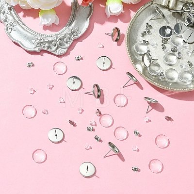 160Pcs 4 Styles Flat Round 304 Stainless Steel Stud Earring Settings with Transparent Glass Cabochons with 304 Stainless Steel Ear Nuts with Plastic Ear Nuts FIND-YW0005-37-1