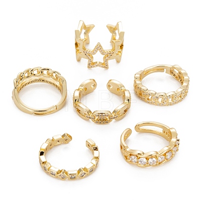 6Pcs 6 Styles Brass Micro Pave Cubic Zirconia Cuff Rings RJEW-LS0001-42G-1