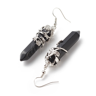 Natural Obsidian Bullet with Flower Dangle Earrings EJEW-G300-02P-06-1