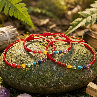 3Pcs Adjustable Chakra Natural & Synthetic Mixed Stone Round Bead Braided Bracelet Sets ZZ4943-1-1
