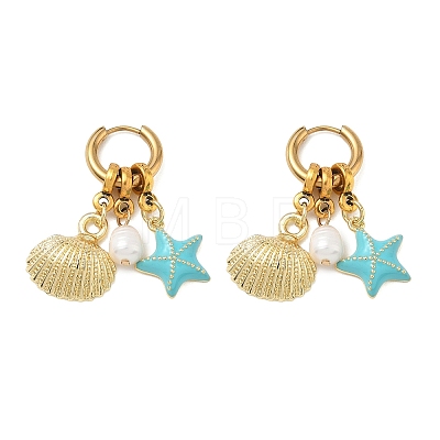 Starfish with Shell Charm 202 Stainless Steel Dangle Hoop Earrings EJEW-JE07063-1
