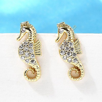 Sea Horse Brass Micro Pave Cubic Zirconia Ear Studs EJEW-D304-38G-1