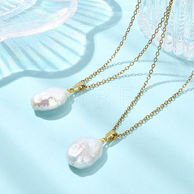 Natural Baroque Keshi Pearl Oval Pendant 304 Stainless Steel Cable Chain Necklaces NJEW-JN06135-1
