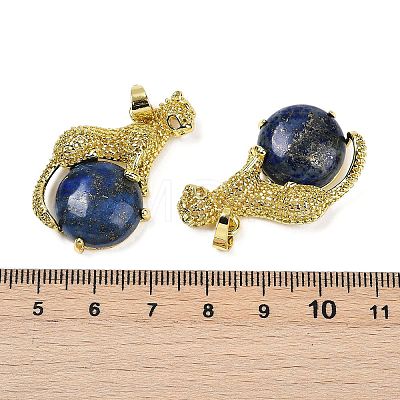 Dyed Natural Lapis Lazuli Ball with Leopard Shape Brass Pendants KK-F887-04G-23-1