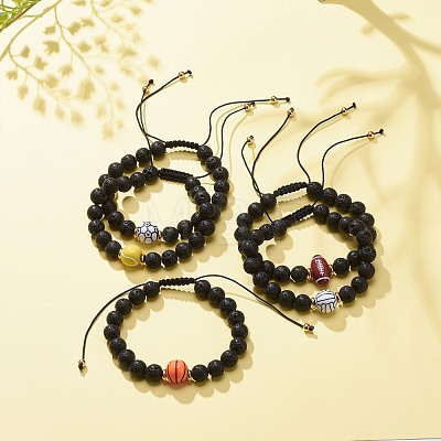 Natural Lava Rock & Acrylic Braided Bead Bracelet BJEW-JB08554-1