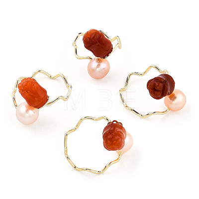 Natural Pearl with Jade Flower Open Cuff Ring RJEW-T026-02G-1