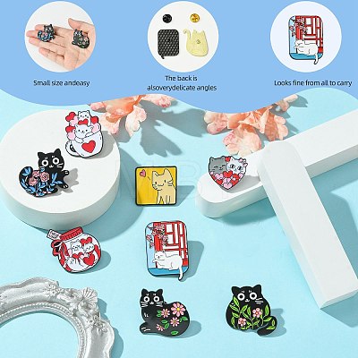 9Pcs 9 Styles Cartoon Cat & Flower Enamel Pins JEWB-SZ0002-07-1