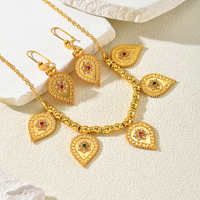 Bohemian Brass Micro Pave Cubic Zirconia Teardrop Charm Necklace & Earrings Sets for Women OD4014-1