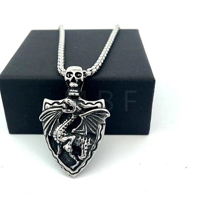 Vintage 304 Stainless Steel Skull Shield with Dragon Pendant Necklaces for Men IV2024-1