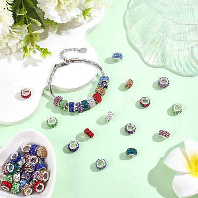 50Pcs 10 Colors Handmade Polymer Clay Rhinestone European Large Hole Beads with Silver Color Plated Brass Cores FPDL-PA0001-03-1