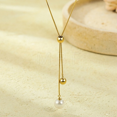 304 Stainless Steel Round Shell Pearl Pendant Lariat Necklaces for Women NJEW-U031-04G-1