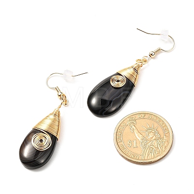 Brass Wire Wrapped Teardrop Natural Black Agate Pendant Necklace & Dangle Earrings SJEW-JS01219-1