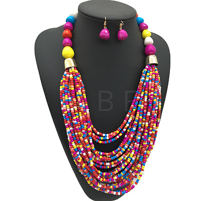 Bohemian Alloy & Resin & Glass Seed Beaded Multilayer Necklaces & Dangle Earrings FS-WG32A45-07-1