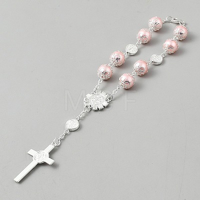 Plastic Imitation Pearl Link Alloy Virgin Cross Charm Rosary Bracelets BJEW-WH0041-52-1