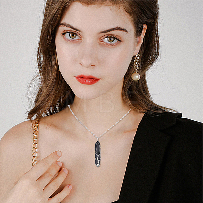 1Pc Natural Black Agate Bullet Macrame Pouch Pendant Alloy Chain Necklaces NJEW-PA0001-01E-1