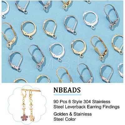  90Pcs 6 Style 304 Stainless Steel Leverback Earring Findings STAS-NB0001-60-1