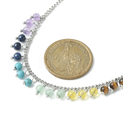 Natural & Synthetic Mixed Gemstone Round Charms Bib Necklace with 304 Stainless Steel Chains NJEW-TA00088-1