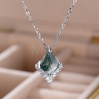 Rhombus 925 Sterling Silver Micro Pave Clear Cubic Zirconia with Natural Moss Agate Pendant Necklaces FS-WG1E963-01-1