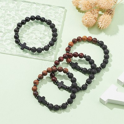 Natural & Synthetic Mixed Gemstone & Wood Cross Beaded Stretch Bracelet BJEW-JB09623-1