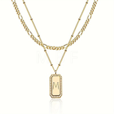 Brass Micro Pave Clear Cubic Zirconia Rectangle with Initial Pendant Double Layer Necklaces for Women FS-WG478B5-13-1