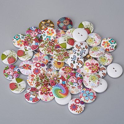 2-Hole Printed Wooden Buttons WOOD-TAC0003-52-1