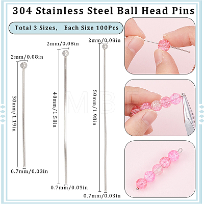 SUNNYCLUE 300Pcs 3 Styles 304 Stainless Steel Ball Head Pins STAS-SC0007-75-1