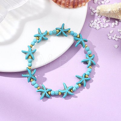 Synthetic Turquoise & Brass Beads Stretch Bracelets for Women Men BJEW-JB13877-01-1