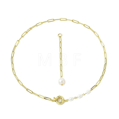 Natural Baroque Keshi Pearl Oval Tassel Brass Paperclip Chain Lariat Necklaces for Women NJEW-JN06009-1
