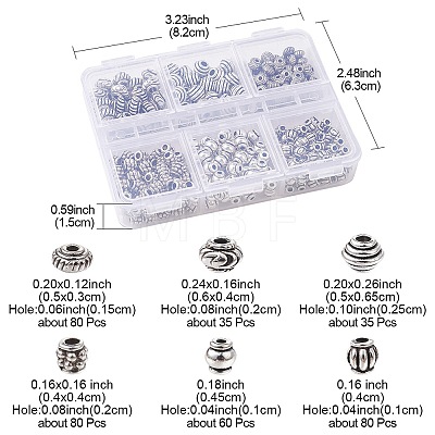 370Pcs 6 Styles Tibetan Style Alloy Spacer Beads TIBEB-YW0001-13-1