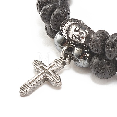 2Pcs 2 Style Natural Lava Rock & Synthetic Hematite Stretch Bracelets Set with 304 Stainless Steel Buddhist Head & Cross BJEW-JB08289-1