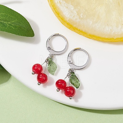 Cherry Glass with Acrylic Dangle Leverback Earrings EJEW-JE05612-1
