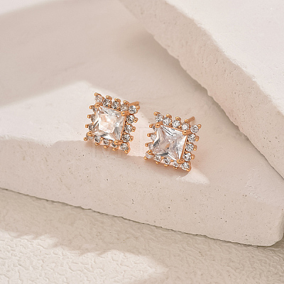 Brass Micro Pave Clear Cubic Zirconia Square Stud Earrings AV3279-1