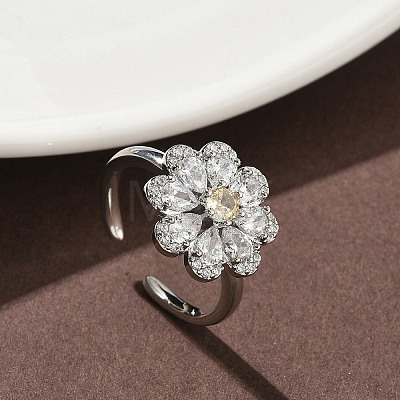 Flower Brass Micro Pave Cubic Zirconia Cuff Rings for Women RJEW-A069-01B-P-1