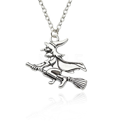 Halloween Alloy Witch and Broom Pendant Cable Chain Necklaces for Women FS-WG083BB-01-1