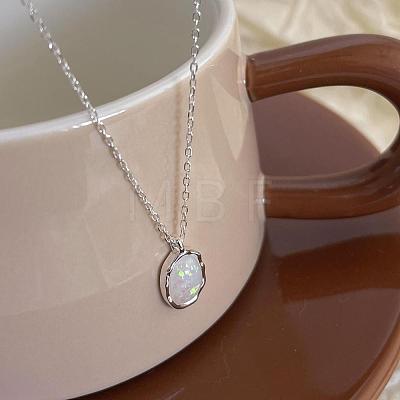 925 Sterling Silver Synthetic White Opal Oval Pendant Cable Chain Necklaces for Women FS-WG862D3-02-1
