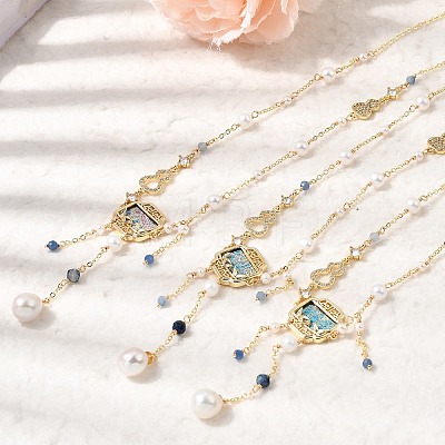 Chinese Brass Micro Pave Clear Cubic Zirconia and Imitation Pearl Gourd Shape and Square Pendant Necklaces with Natural Lapis Lazuli & Aquamarine Beads Tassel AJEW-H158-05G-1