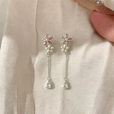Alloy & Plastic Pearl Double Flower Long Tassel Stud Earrings WGD88DF-01-1