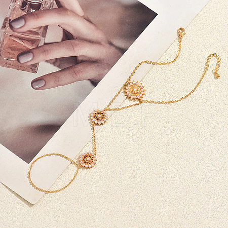 Elegant Imitation Pearl Sunflower Brass Hand Chain Ring Bracelets for Women ZN9544-1