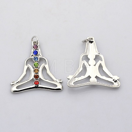 Yoga Jewelry Colorful Human Brass Glass Rhinestone Chakra Pendants KK-N0054-01-1