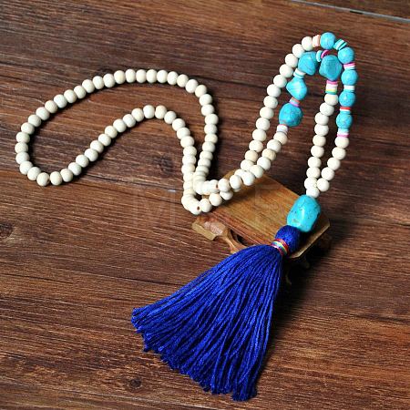 Wood & Synthetic Turquoise Beaded Nuggets Mala Necklaces with Tassel for Women FS-WGC7FA0-04-1