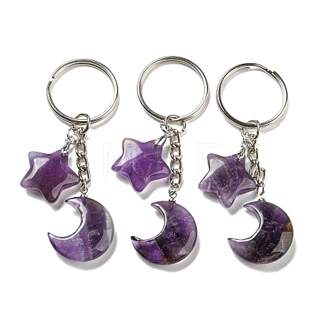 Reiki Natural Amethyst Moon & Star Pendant Keychains KEYC-P015-02P-02-1