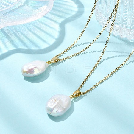 Natural Baroque Keshi Pearl Oval Pendant 304 Stainless Steel Cable Chain Necklaces NJEW-JN06135-1