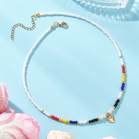 Valentine's Day 304 Stainless Steel Heart Pendant Glass Seed Beaded Necklaces for Women NJEW-MZ00146-01-1