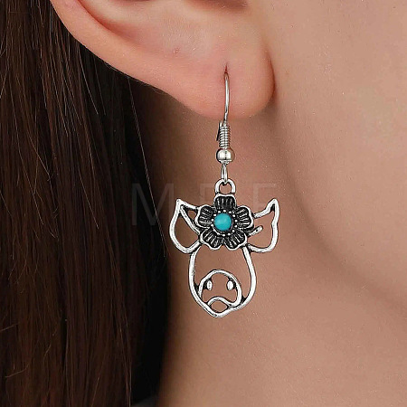 Alloy & Synthetic Turquoise Flower Dangle Earrings WGE566C-07-1