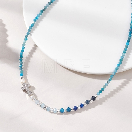 Natural Apatite Faceted Round and Dyed Malaysia Jade & Pearl Beaded Necklaces with Brass Micro Pave Clear Cubic Zirconia Cross NJEW-JN05975-02-1