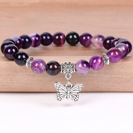 8MM Round Natural Purple Banded Agate(Dyed & Heated) Beaded Stretch Bracelets with Alloy Butterfly Charms FQ7211-1-1