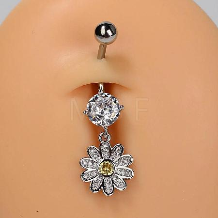 304 Stainless Steel Pave Clear Cubic Zirconia Curved Barbell Dangle Belly Rings FS-WG828D7-04-1
