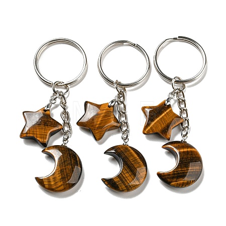 Reiki Natural Tiger Eye Moon & Star Pendant Keychains KEYC-P015-02P-05-1